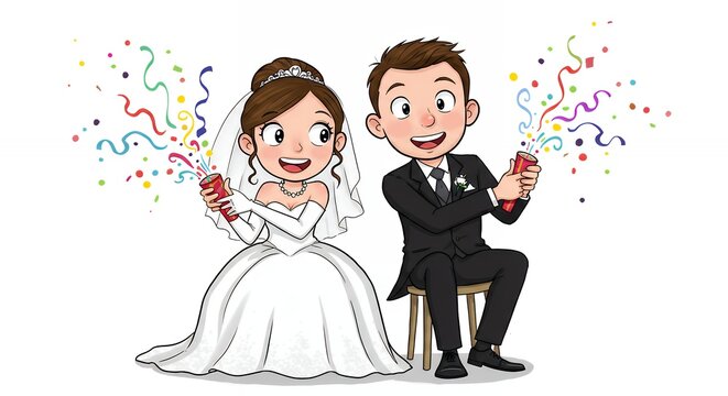 Wedding celebration illustration happy couple with confetti formal attire and joyful expressions - Powered by Adobe