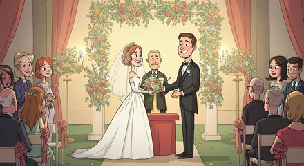 Wedding ceremony illustration couple exchanging vows amidst floral decorations with guests in attendance