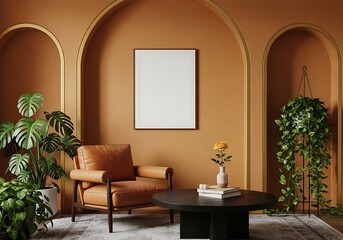 Stylish interior corner with a brown leather armchair, plants, and a dark round coffee table against a warm terracotta arched wall