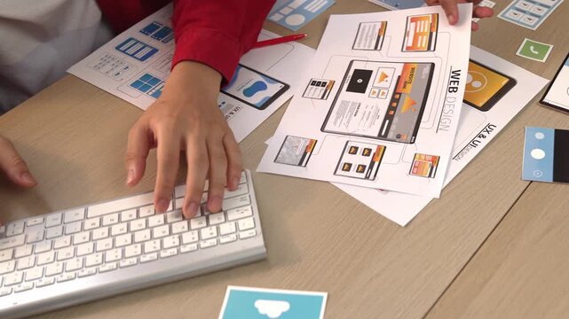Panorama video of startup company employee planning on user interface prototype for mobile application or website in office. UX UI designer brainstorm designing user friendly interface plan. Synergic