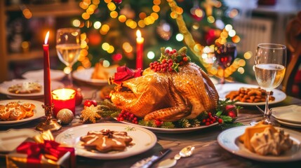 Festive Christmas Dinner Table with Roast Turkey and Holiday Decorations