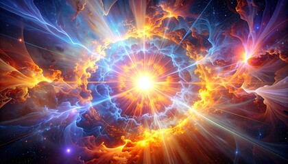 An artistic rendering of a bright, celestial explosion, with vibrant colors and energetic light streaks emanating outward