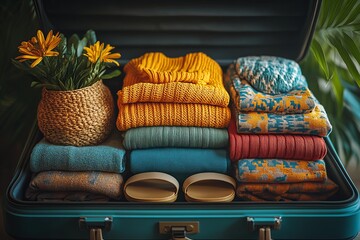 Suitcase packed with folded colorful clothes sweaters sandals and decorative flowers symbolizing organized travel preparation vacation planning and seasonal fashion