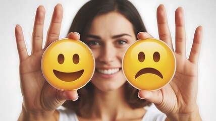Woman Holding Painted Emotion Eggs with Happy and Sad Faces