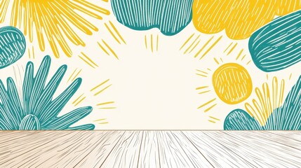 Abstract colorful playful modern nature illustration. Cheerful sunshine and creative background. Vibrant sun and flower pattern, artistic handdrawn doodle, bright empty wall wooden floor, positive
