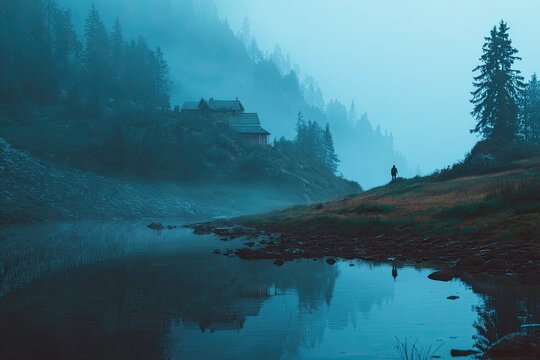 Misty mountain lake scene (5)