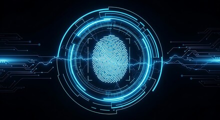 High quality image of closeup of a glowing blue fingerprint scan within a futuristic circular interface, symbolizing digital identity and security