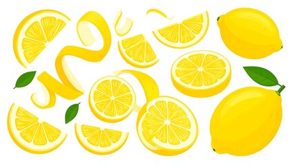A collection of vibrant yellow lemons, sliced and whole, along with zest and leaves, set against a plain background