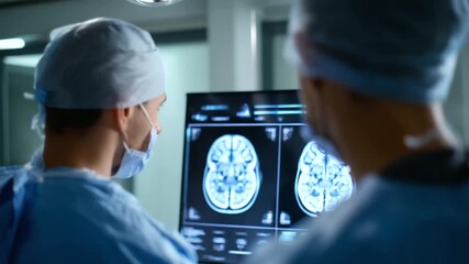 Modern hospital operating room with surgeons analyzing interactive 3D scan of human head, neurosurgery preparation interactive 3D scan, operating room, neurosurgery, advanced medic - Powered by Adobe