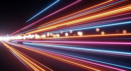High quality image of streaking lines of blue, pink, and orange light create a sense of speed and motion on a dark background, representing fast data transfer