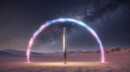 Desert Monolith Under Starry Sky with Colorful Light Arch.
