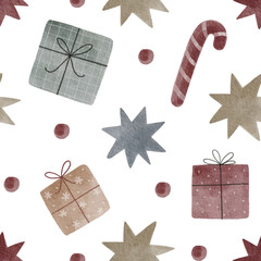 Cute watercolor Christmas gnomes. Christmas decorations and characters. Watercolor elements on a white background. Hand drawn new year seamless pattern