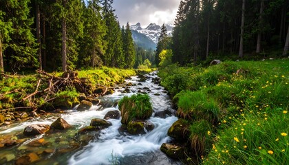 Fototapeta premium A flowing river carves through a lush green forest, with mountains in the distance, showcasing untouched natural beauty under a cloudy sky