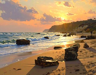 Picturesque beach sunset with waves, rocks, and golden sunlight illuminating everything