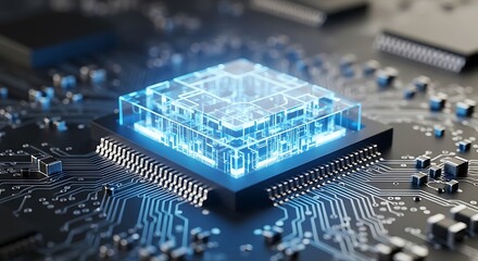 High quality image of a transparent blue cubelike processor with intricate circuitry glowing on a dark electronic circuit board, signifying advanced technology