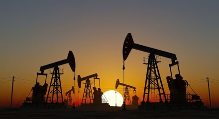Obraz premium Dramatic oil pump silhouettes against a vibrant sunset sky, symbolizing industrial energy production and global resources powering our world