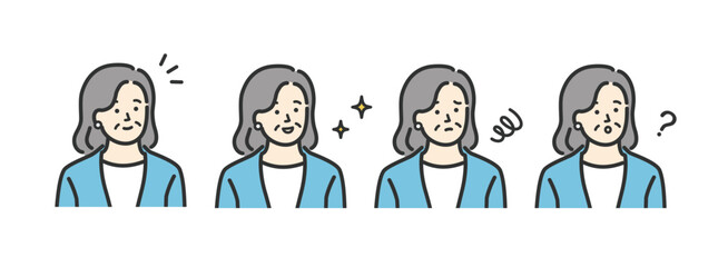 ミドル　シニア　ビジネス 女性の表情アイコンイラストセット素材
