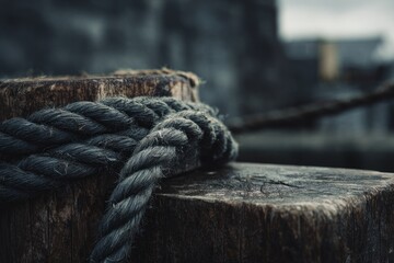 Close-up of weathered wooden post and nautical rope