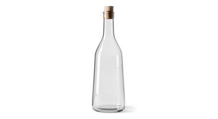 Elegant slender glass bottle with a natural cork stopper on white background