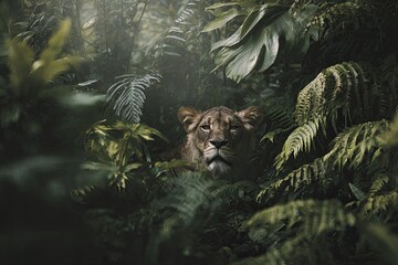 Lioness hidden in jungle foliage