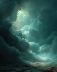 Naklejka premium Majestic Clouds Forming a Dreamy Atmosphere Over a Tranquil Seascape in Soft Light and Shades of Blue