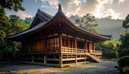 Tranquil Wooden Temple Structure Amidst Lush Green Forest with Sunlight