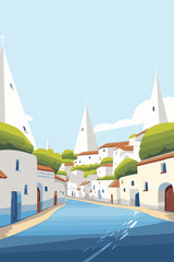 Naklejka premium Alberobello, Italy town illustrated poster in retro style. Vintage vector travel booklet, brochure, postcard, print, cover with panoramic view, street, houses
