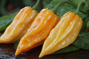 Fresh yellow chili peppers close-up with glossy texture resting on green leaves vibrant natural food photography organic spicy harvest vegetable