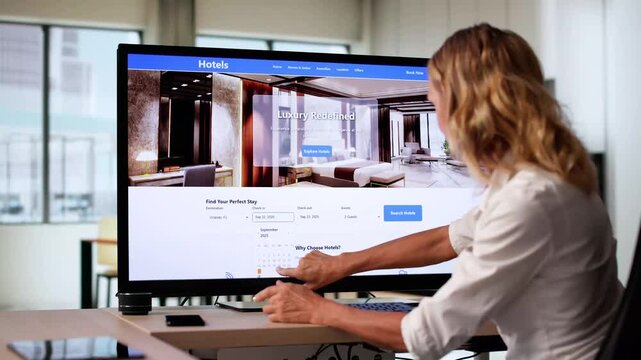 Woman Booking Discount Hotel Online Using Laptop Device