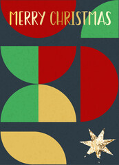 A festive geometric Christmas card design with red, green, and gold geometric shapes, and greeting words "Merry Christmas"