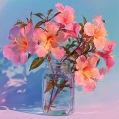 Vibrant pink flowers bloom from a clear jar, with soft lighting on a gradient backdrop