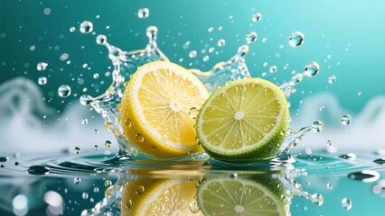 Lemon and lime halves splashing in clear water in slow motion on turquoise background – fresh citrus drink concept