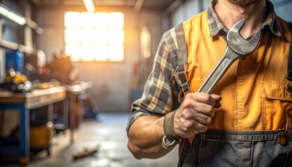 Half body Construction technician gripping a heavy wrench