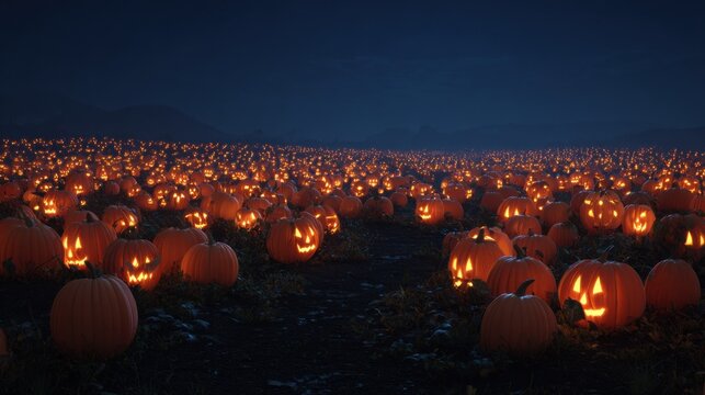 Halloween pumpkin festival pumpkin patch nighttime scene spooky atmosphere wide angle view celebration of autumn