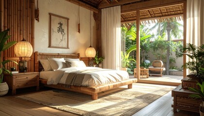 Tropical Bedroom Interior with Sunlight Streaming Through Large Window Revealing Lush Greenery Beige and Tan Colors Wood Furniture and Natural Textures