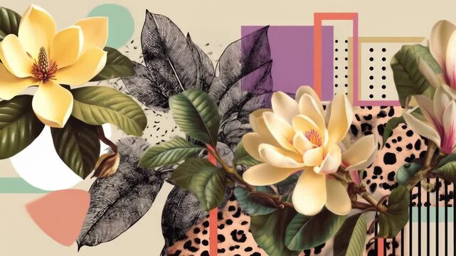 Creamy magnolia blooms, vintage leaves, and abstract shapes in a colorful collage