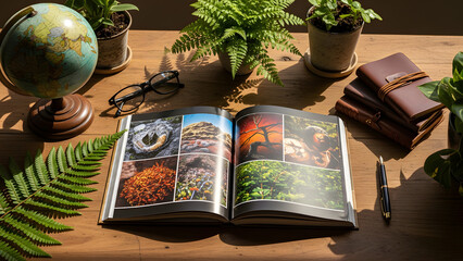 a wooden table with a globe, potted ferns, eyeglasses, books, and a notebook