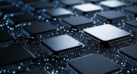 High quality image of closeup view of a dense arrangement of computer microchips on a circuit board, showcasing modern electronics
