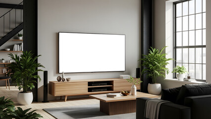 Flash TV wall mounted in a Minimalist modern living room Raw cement walls decorated in a stylish Loft Style.
