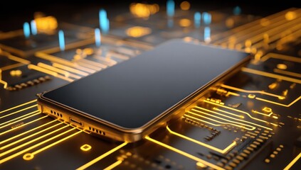Sleek smartphone sits on a circuit board with glowing lines, futuristic digital look