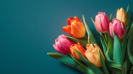 Beautiful pink and orange tulips with vibrant green leaves, arranged elegantly on a teal background, high-resolution, bright and vivid colors, soft natural lighting