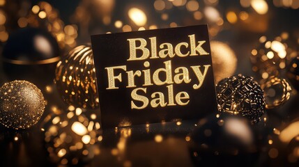 Elegant black friday sale advertisement with golden decorations and bokeh