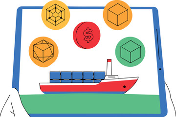 Tablet displaying a cargo ship and financial and geometric icons