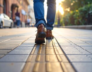 Fototapeta premium Person walking on a sidewalk in an urban environment with sunlight