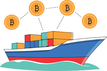 Container ship with Bitcoin symbols and digital network