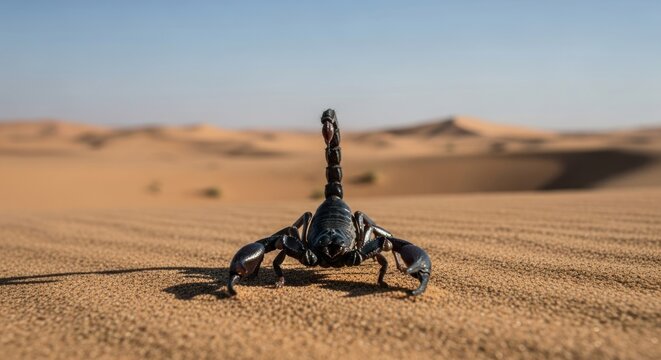 A black scorpion with its tail raised stands on rippled sand in a vast desert landscape