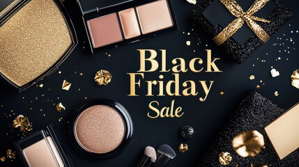 Black friday sale with golden text and luxury cosmetics on dark background