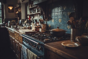 Rustic kitchen with antique stove and dishes