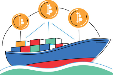 Cargo ship with Bitcoin symbols in a network on white background Keywords: cargo ship, container ship, freight, logistics, shipping, transport
