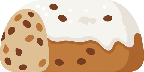 A cartoon illustration of a sweet bread roll topped with white icing and studded with chocolate chips.
